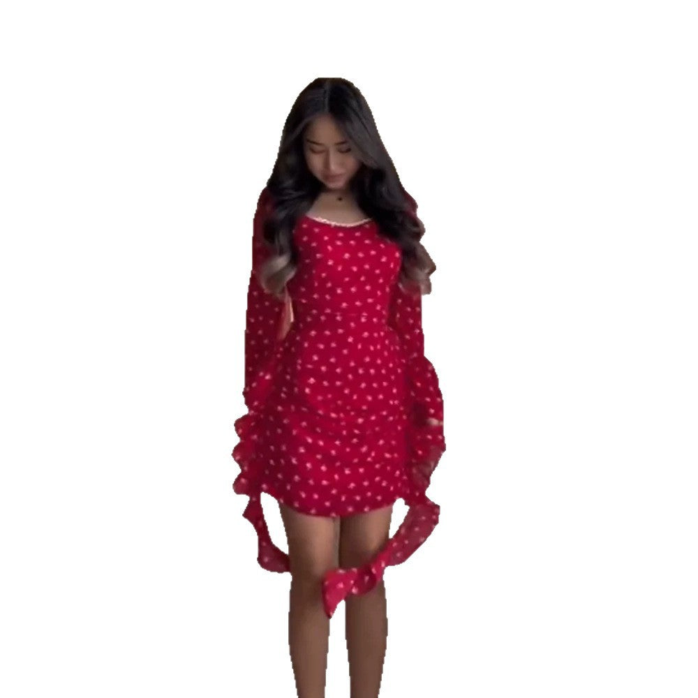 Women's Tight Ruched Mini Dress with Square Neckline, Puff Sleeves and Side Frill Ribbons EVA-US