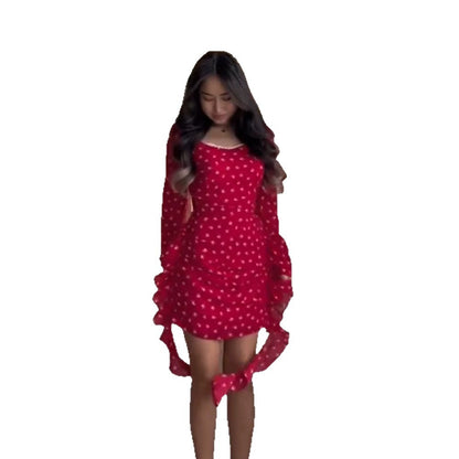 Women's Tight Ruched Mini Dress with Square Neckline, Puff Sleeves and Side Frill Ribbons EVA-US