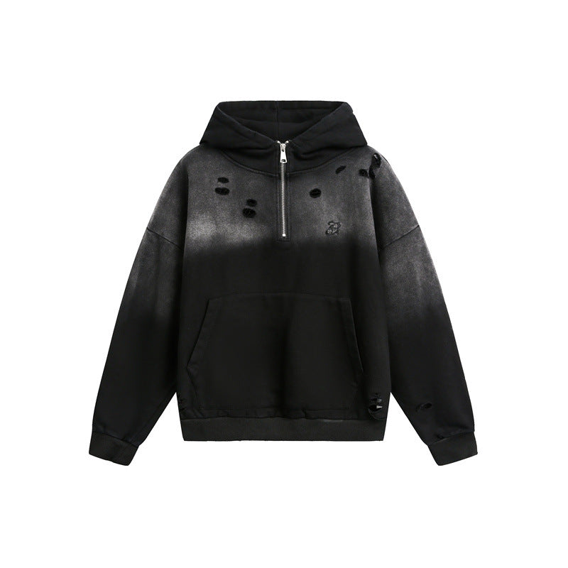 Unisex Oversize Hoodie with Half Zipper, Distressed Details and Kangaroo Pocket EVA-US