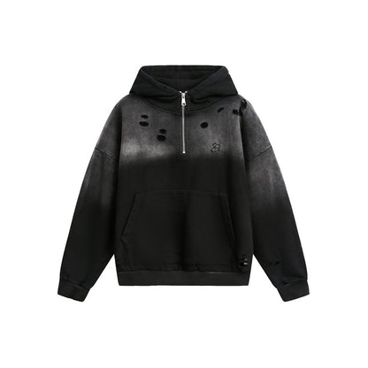 Unisex Oversize Hoodie with Half Zipper, Distressed Details and Kangaroo Pocket EVA-US