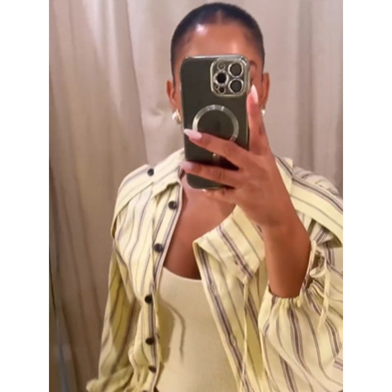 Women Striped Two-Piece Loungewear Set with Oversized Shirt Jacket and Drawstring Pants EVA-US