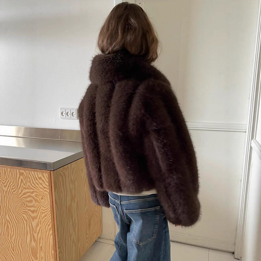 Women's Short Cropped Faux Fur Jacket with Voluminous Shawl Collar and Boxy Silhouette EVA-US