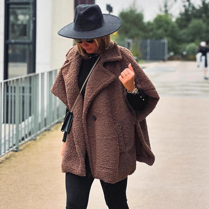Women's Short Teddy Cape with Shawl Collar and Concealed Button Placket EVA-US
