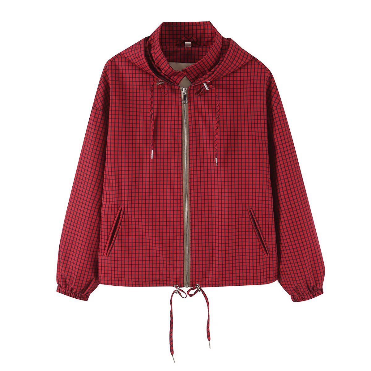 Women Lightweight Hooded Boxy Transitional Jacket with Check Grid Print, Drawstring and Elastic Cuffs EVA-US