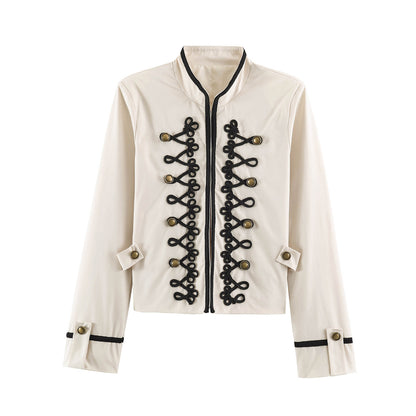 Women's Cropped Jacket in Sailor-Military Mix with Decorative Cords and Brass Buttons EVA-US