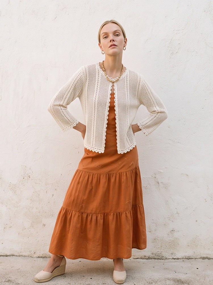 Women's crocheted short jacket with wavy hem, open front & 3/4 sleeves EVA-US