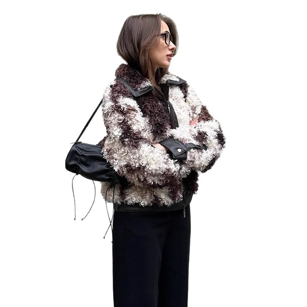 Women's short jacket made of curly bouclé faux fur with leather look detailing EVA-US