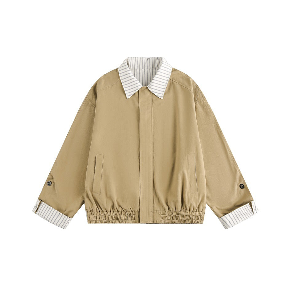 Women short cut boxy blouson jacket with striped shirt collar EVA-US