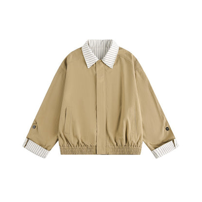 Women short cut boxy blouson jacket with striped shirt collar EVA-US