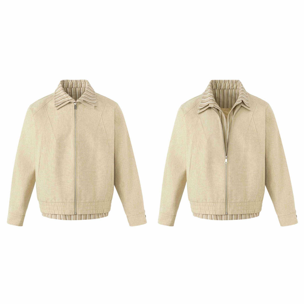 Women's Lightweight Boxy Blouson Jacket in Linen Look with Striped Inner Collar EVA-US
