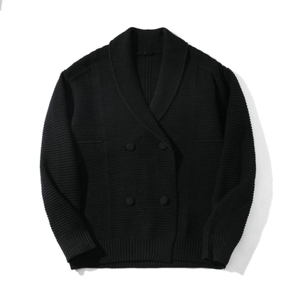 Women's Double-breasted Knit Cardigan with Shawl Collar and Structured Knit EVA-US