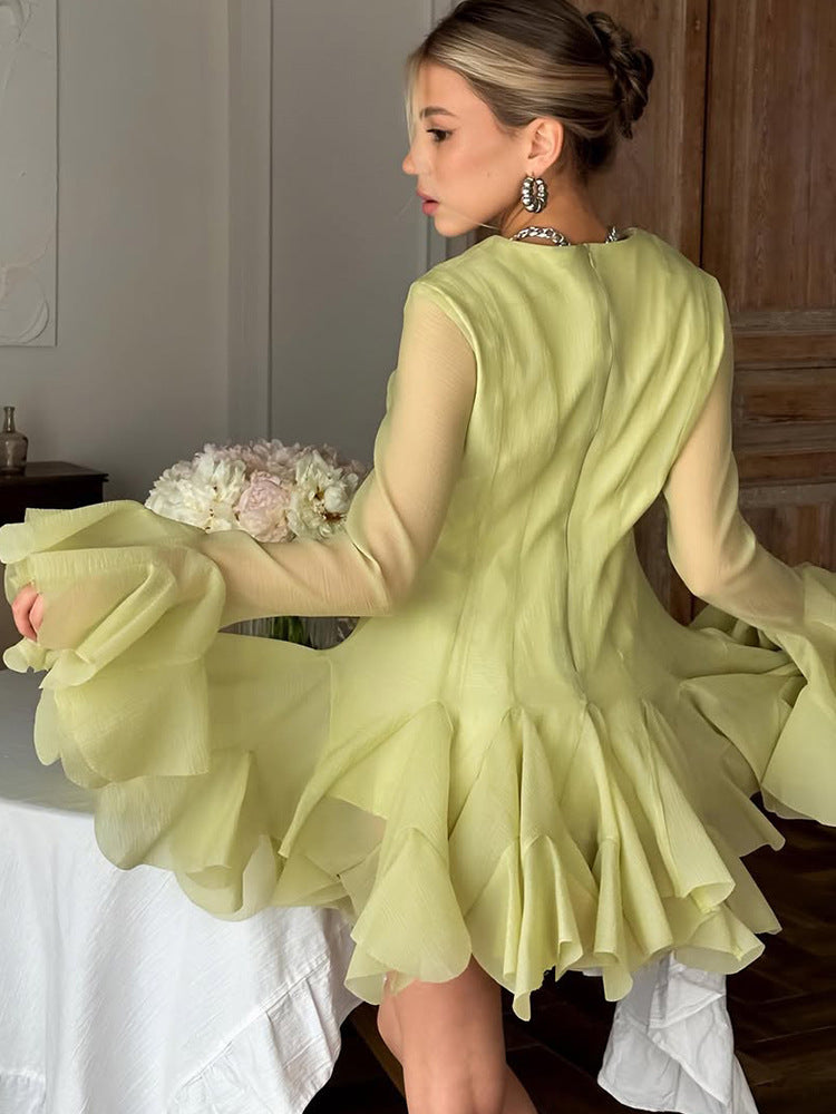 Women Ruffle Chiffon Mini Dress with Ruffles and Transparent Sleeves EVA-US
