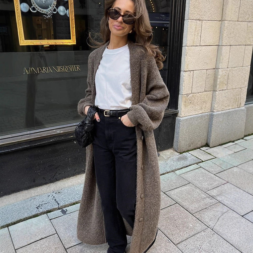 Women's Maxi Long Knit Coat in Mohair Look with Concealed Button Placket and Loose Silhouette EVA-US