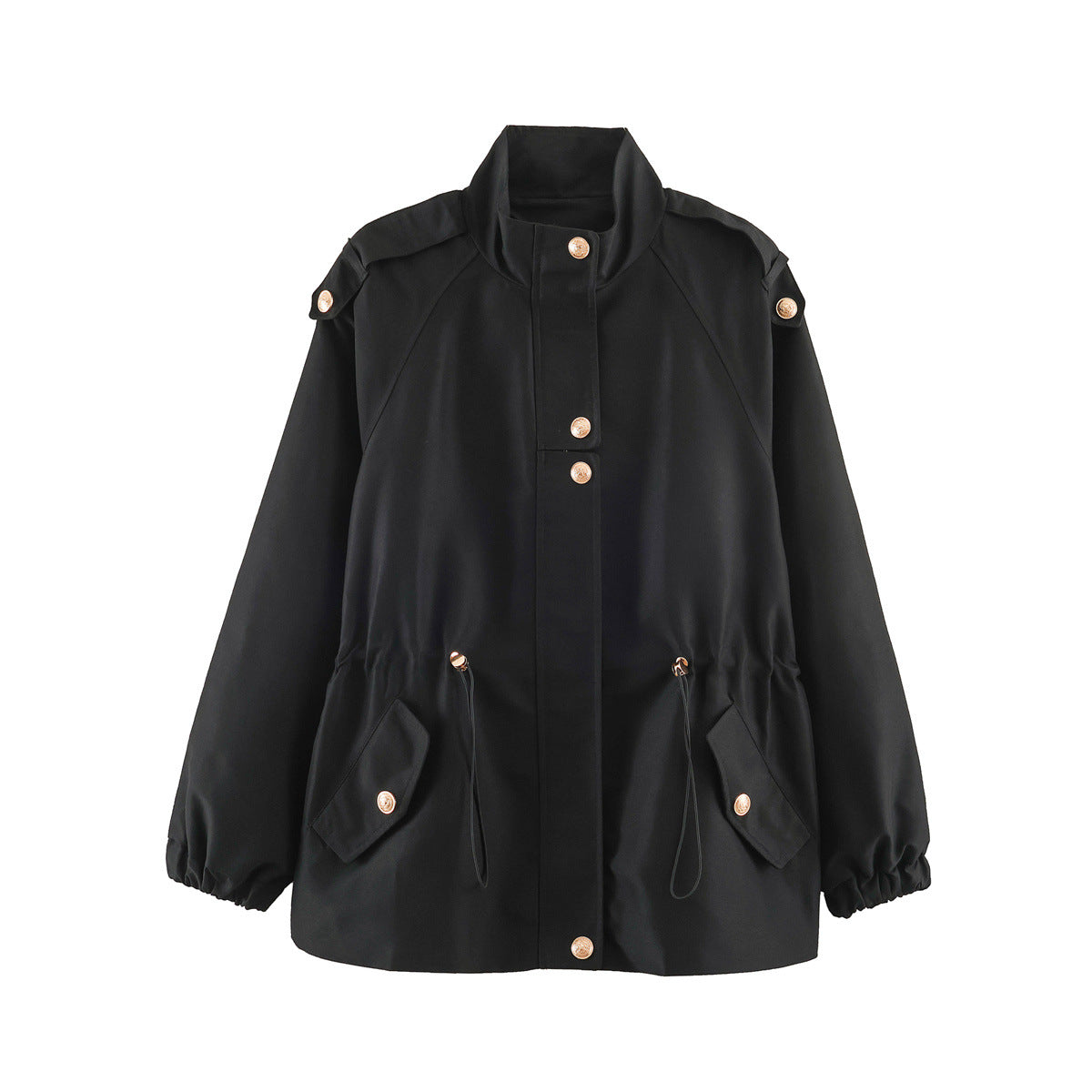 Women's short jacket in utility style with drawstring, raglan sleeves and metal button placket EVA-US