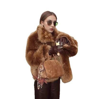 Women's short jacket in teddy style with voluminous shawl collar and soft faux fur texture EVA-US
