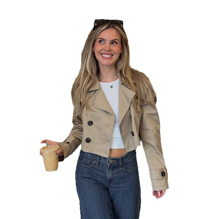 Women's Short-Cut Trench Blouson with Double-Breasted Button Placket and Shortened Silhouette EVA-US