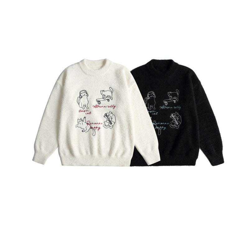 Women's Soft Sweater with Playful Cat Embroidery and Light Stand-up Collar EVA-US