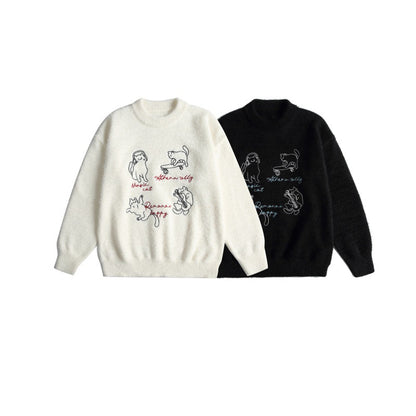 Women's Soft Sweater with Playful Cat Embroidery and Light Stand-up Collar EVA-US