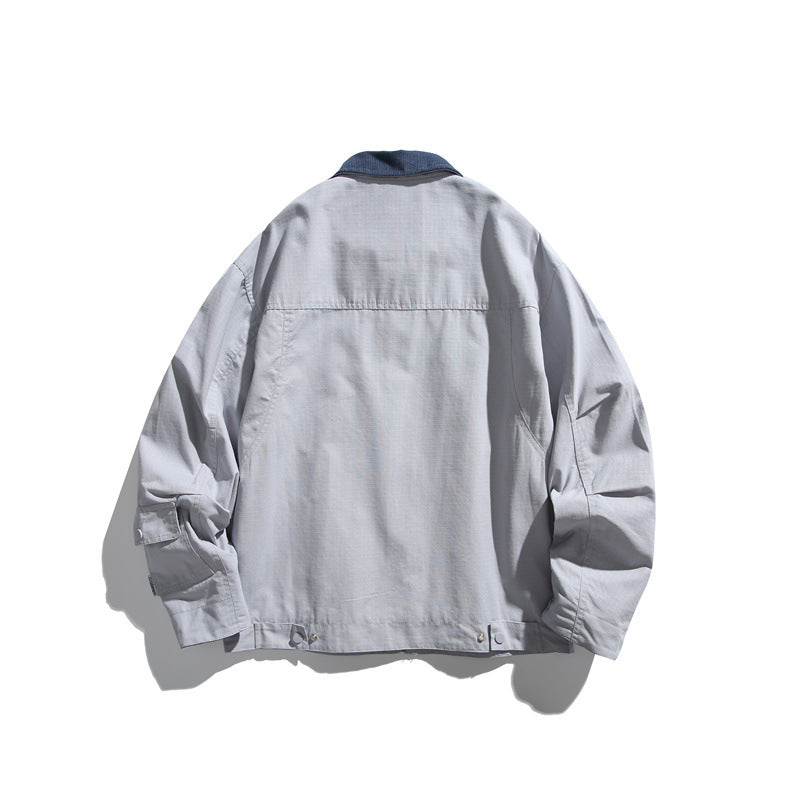 Men's Boxy Workwear Blouson Jacket with Contrast Collar and Multiple Pockets EVA-US