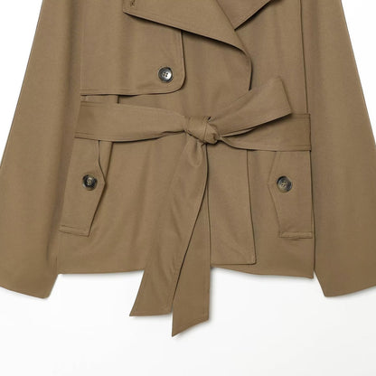Women Short Trench Coat with Waist Belt and Contrast Collar EVA-US