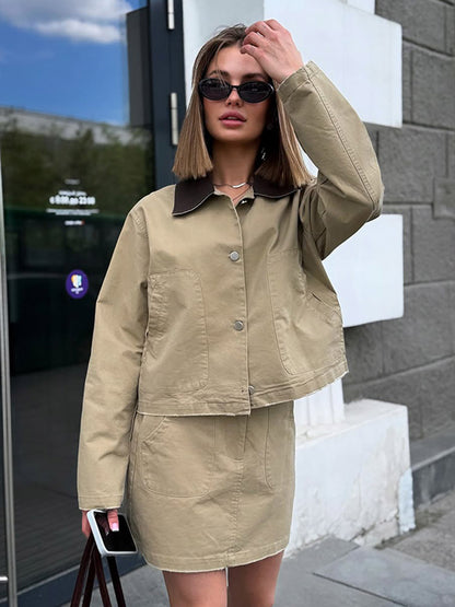 Women's Two-Piece Cotton Utility Set with Cropped Jacket and Mini Skirt EVA-US
