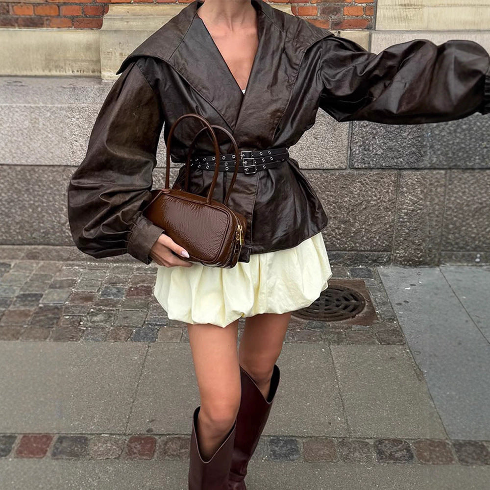 Women's Tailored Faux Leather Blouson with Wide Shawl Collar, Voluminous Balloon Sleeves and Double Studded Belt EVA-US
