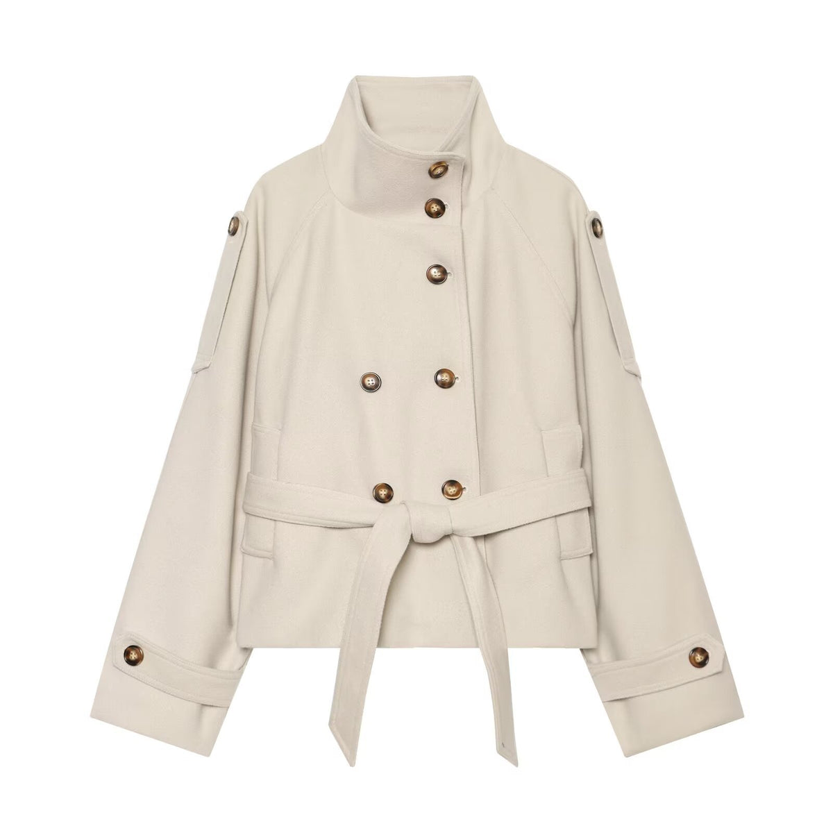 Women Short Double-Breasted Coat with Stand Collar and Tied Belt EVA-US