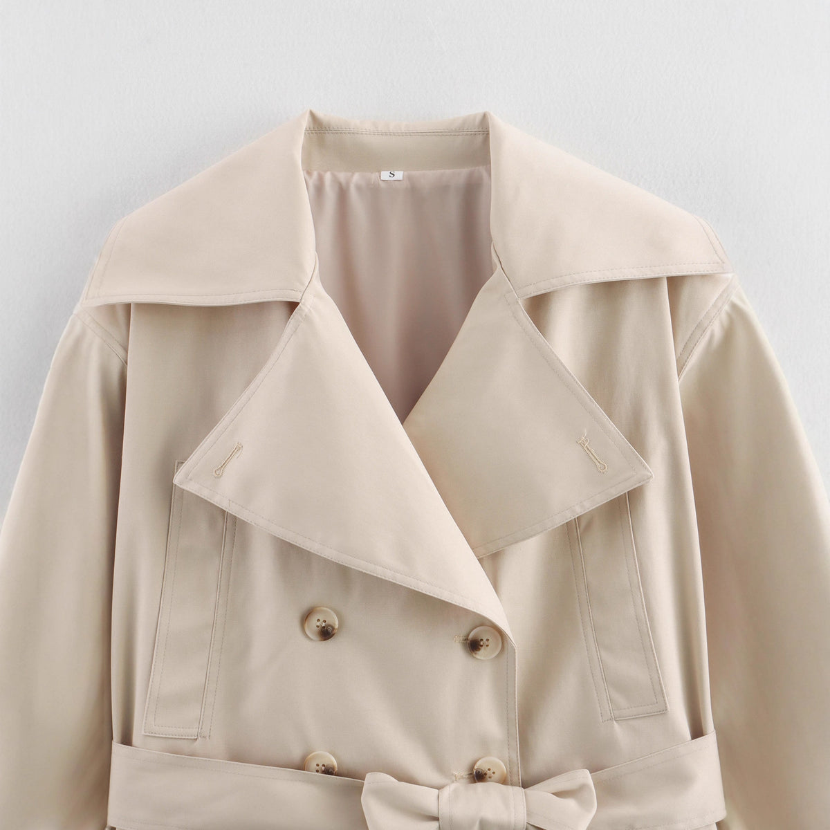 Women Short Cropped Trench Coat with Wide Shawl Collar, Waist Belt to Tie and Decorative Cuffs EVA-US