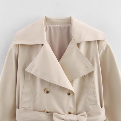 Women Short Cropped Trench Coat with Wide Shawl Collar, Waist Belt to Tie and Decorative Cuffs EVA-US