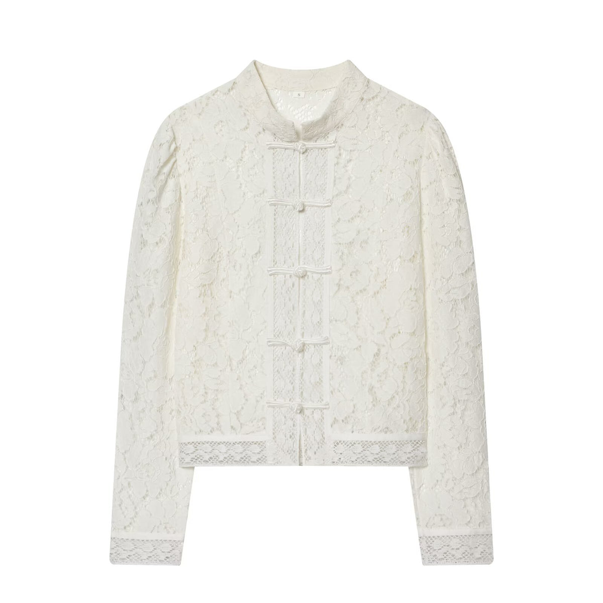 Women's lace jacket with mandarin collar and decorative frog closures EVA-US