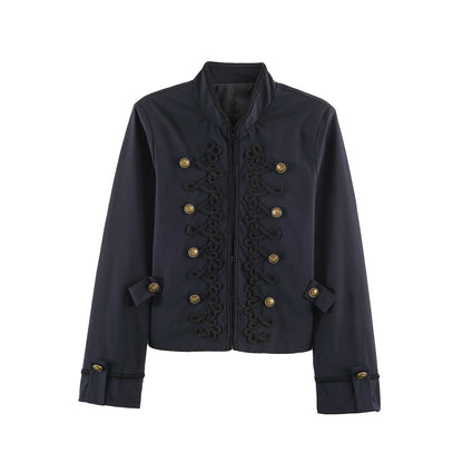 Women's Cropped Jacket in Sailor-Military Mix with Decorative Cords and Brass Buttons EVA-US