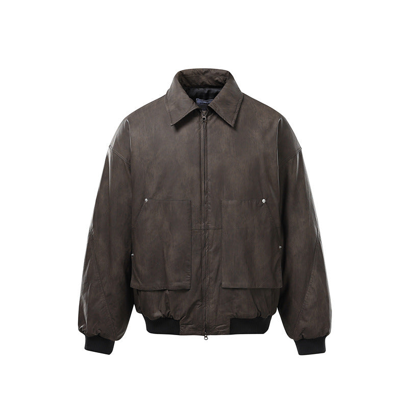 Men's Short Boxy Vintage Leather Look Blouson with Ribbed Cuffs and Large Flap Pockets EVA-US