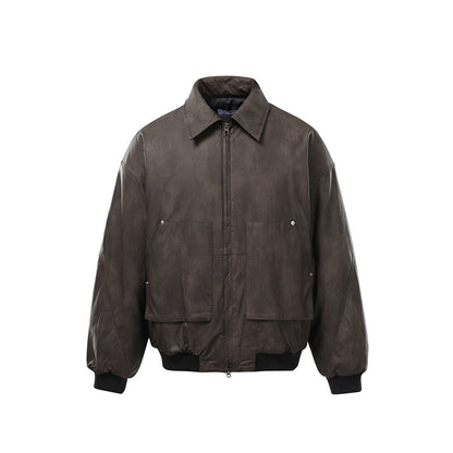 Men's Short Boxy Vintage Leather Look Blouson with Ribbed Cuffs and Large Flap Pockets EVA-US