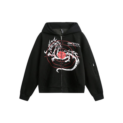 Unisex Oversize Hoodie Zip Jacket with Dragon Print and Arm Pocket EVA-US