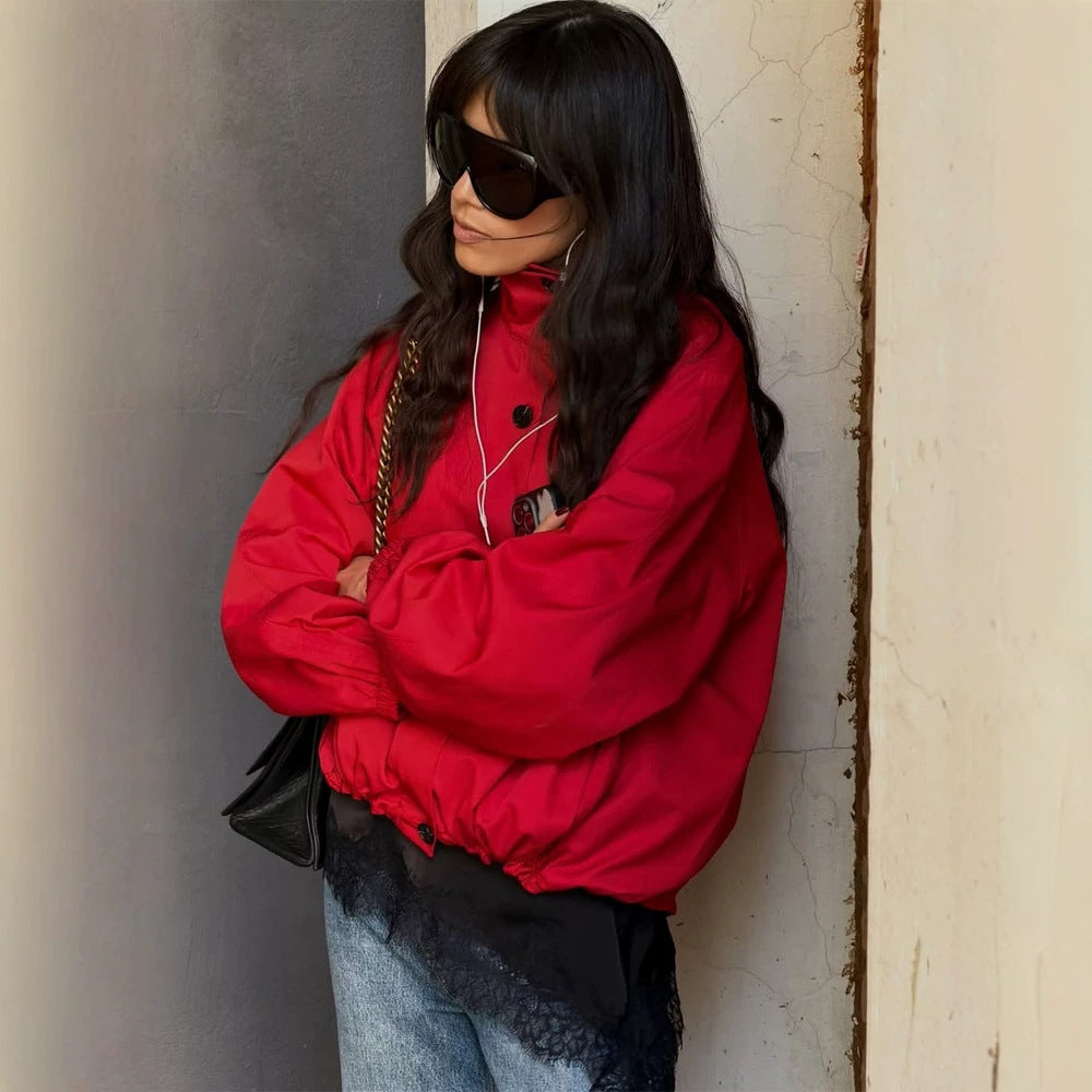 Women's Short Boxy Bomber Jacket with Drawstring and Balloon Sleeves EVA-US