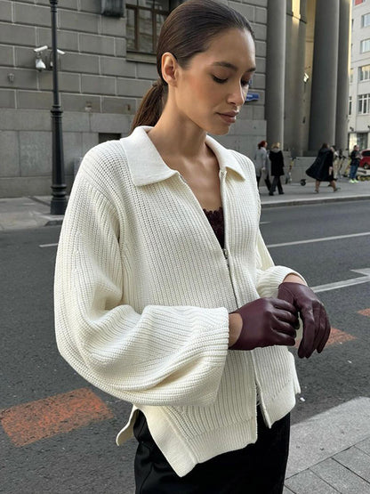 Women's Ribbed Cardigan with Zipper, Shirt Collar & Balloon Sleeves EVA-US