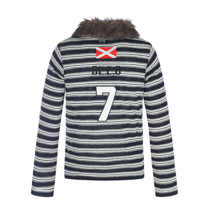 Women's Striped Long Sleeve Polo Shirt with Faux Fur Collar EVA-US