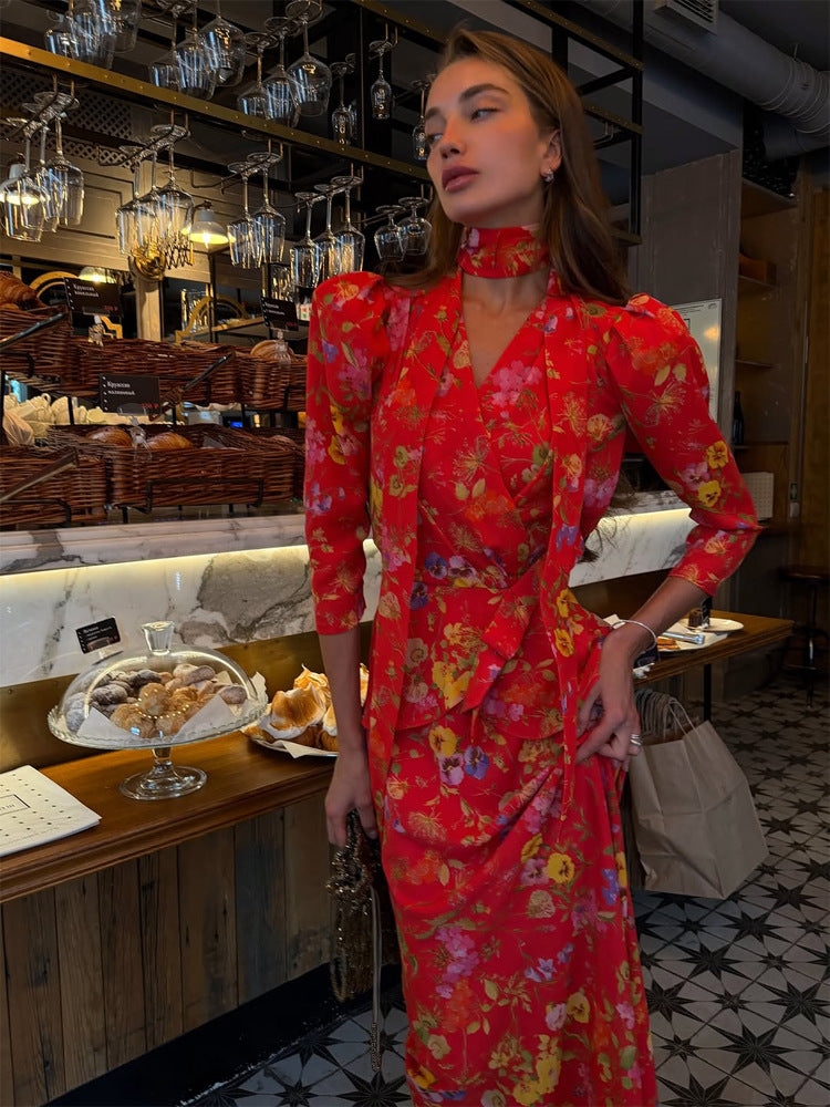 Women's wrap maxi dress with floral print, puff sleeves and shawl collar EVA-US
