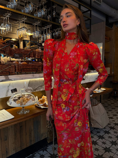 Women's wrap maxi dress with floral print, puff sleeves and shawl collar EVA-US