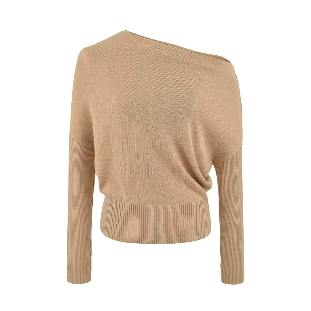 Women's Oversize One-Shoulder Pullover with Batwing Sleeves and Wide Ribbed Cuff EVA-US