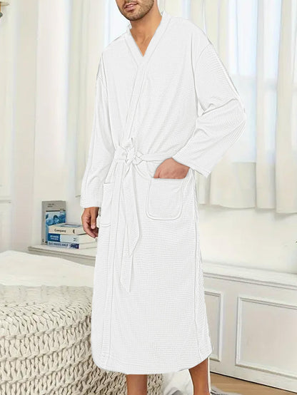 Men's lightweight cotton kimono bathrobe with waffle texture and patch pockets EVA-US