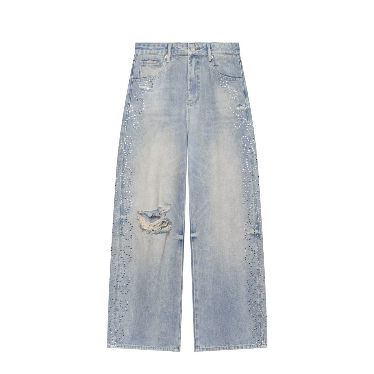 Women's jeans with a high waist, wide leg, rhinestone trim, and destroyed details EVA-US