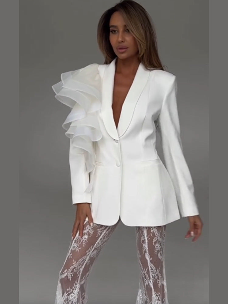Women's tailored blazer with asymmetric organza ruffle EVA-US