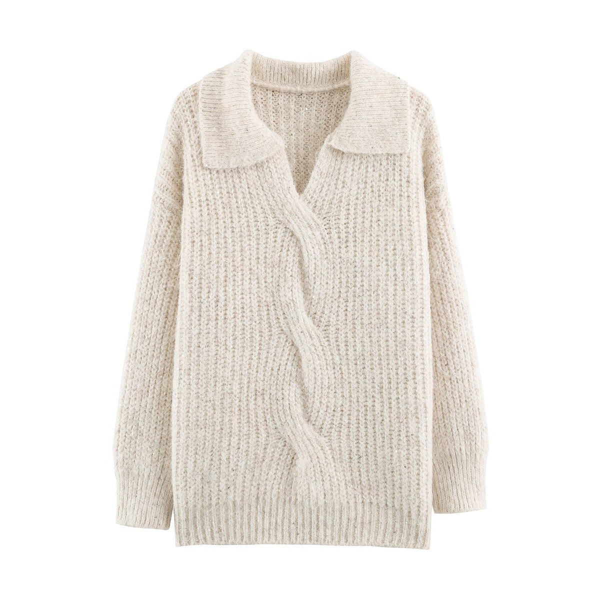 Women's Chunky Knit Sweater with Wide Lapel Collar and Sequin Trim EVA-US