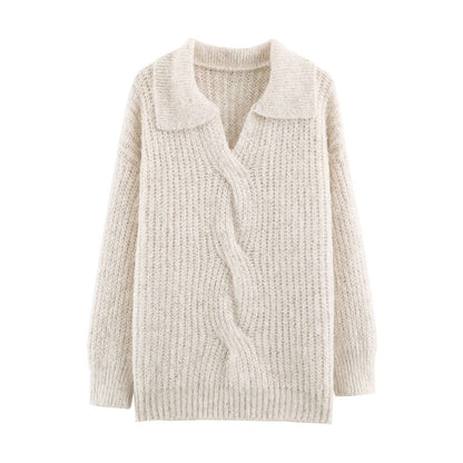Women's Chunky Knit Sweater with Wide Lapel Collar and Sequin Trim EVA-US