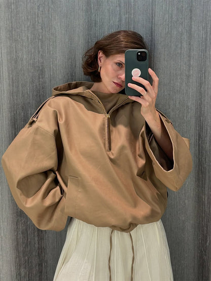 Women Oversize Hoodie with Half Zipper, Balloon Sleeves & Drawstring Hood