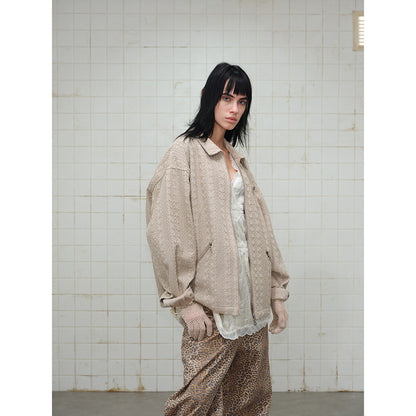 Unisex Textured Zip Blouson Jacket in Boxy Cut with Shirt Collar and Diagonal Zipper Pockets EVA-US