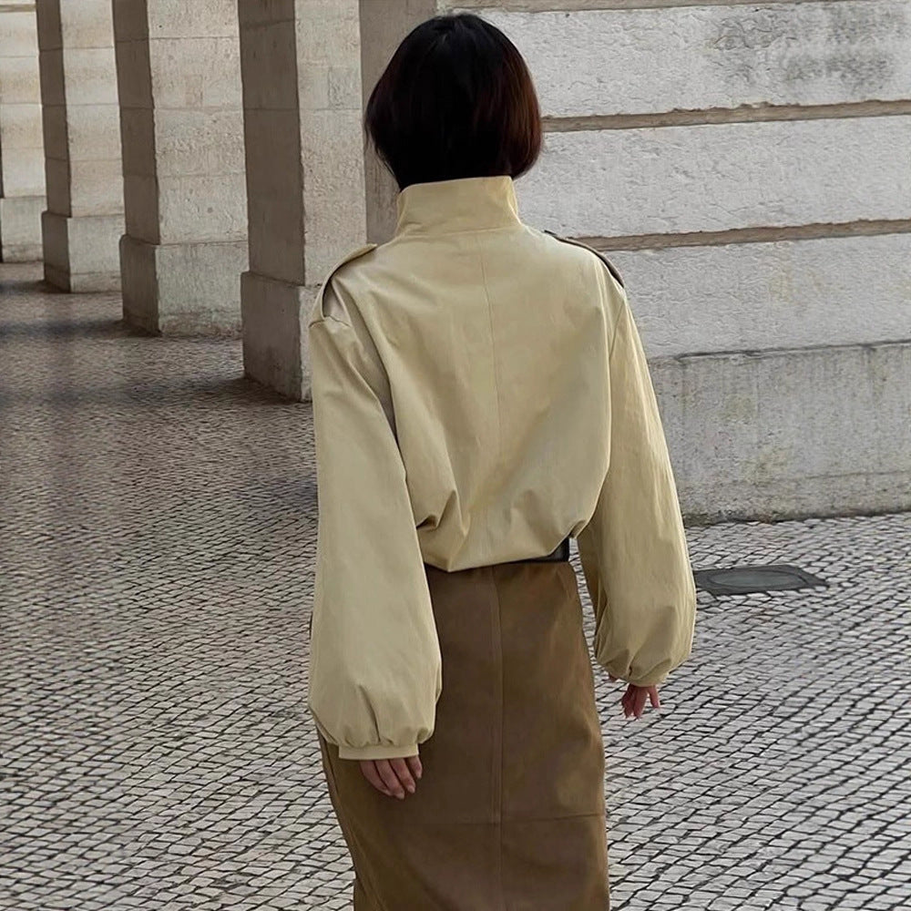 Women's Short Blouse-Trench with Stand-up Collar, Shoulder Patches and Balloon Sleeves EVA-US