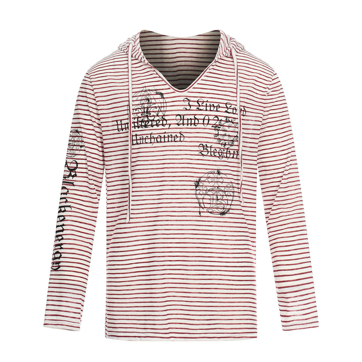 Women's Lightweight Hooded Long Sleeve with V-Neck, Striped Pattern and Vintage Print EVA-US