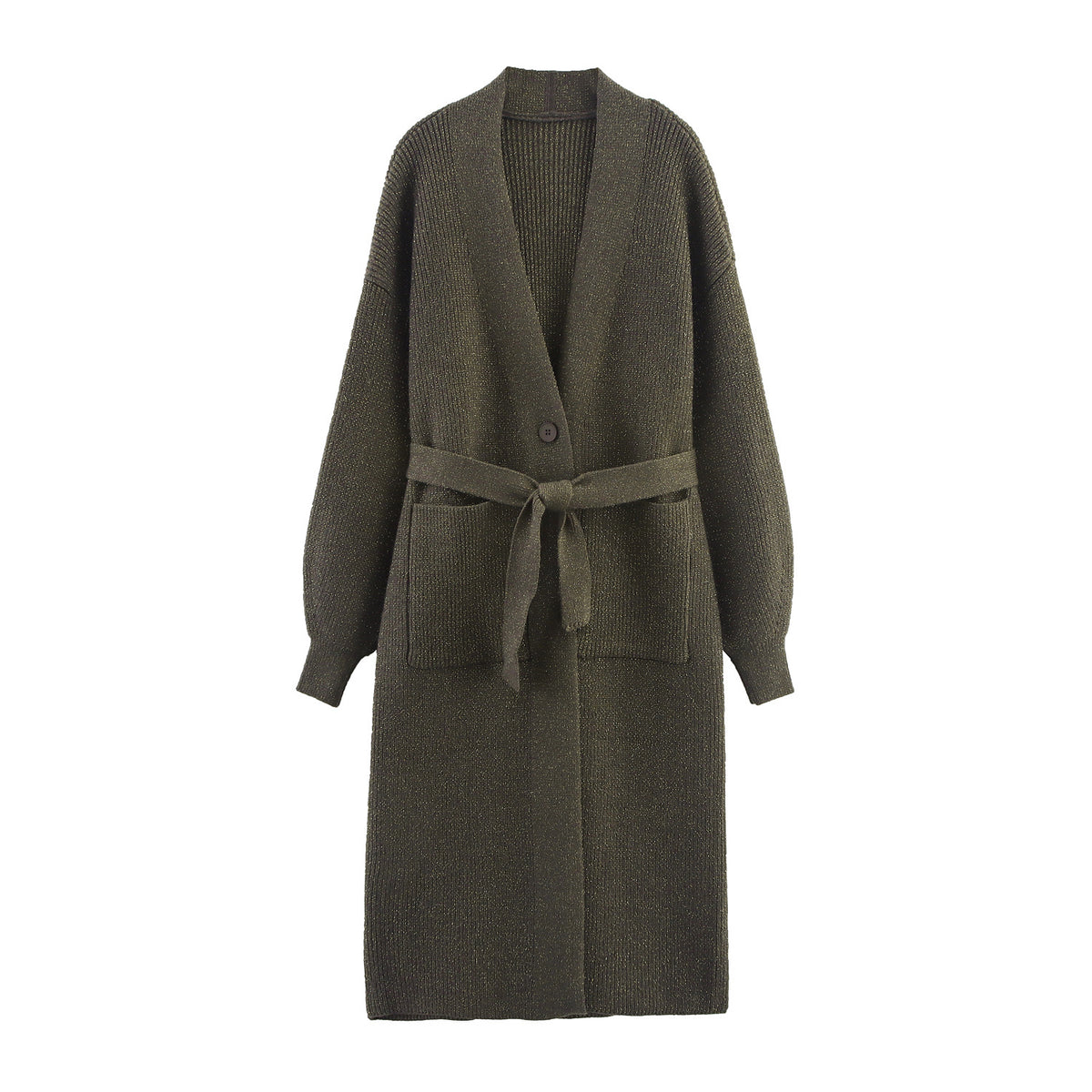 Women's Long Cardigan with Tie Belt, Patch Pockets and Deep V-Neck EVA-US
